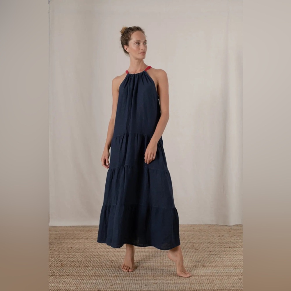 NWT Luxmii Fiume Linen Navy Blue Tiered Maxi Dress with Red Tie-Neck - Size S/M